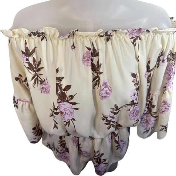 Off Shoulder Floral Peplum Blouse S Cottagecore Feminine Boho Ruffle Pastel Top - Picture 6 of 12